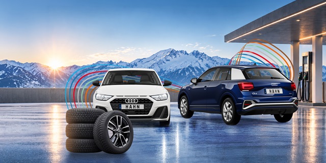 Audi A1 und Q2 vor neben einer Tankstelle vor einer Gebirgslandschaft