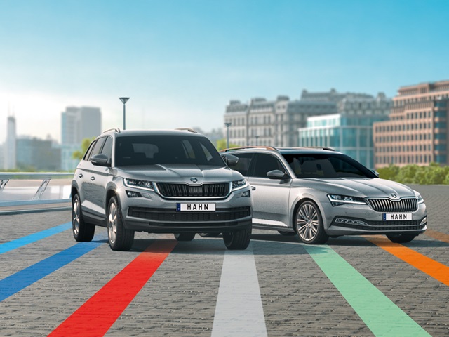 Zwei graue Skoda-Pkw mit Kennzeichen 'HAHN' auf gepflastertem Platz.