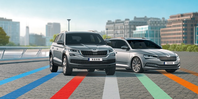 Zwei graue Skoda-Pkw mit Kennzeichen 'HAHN' auf gepflastertem Platz.