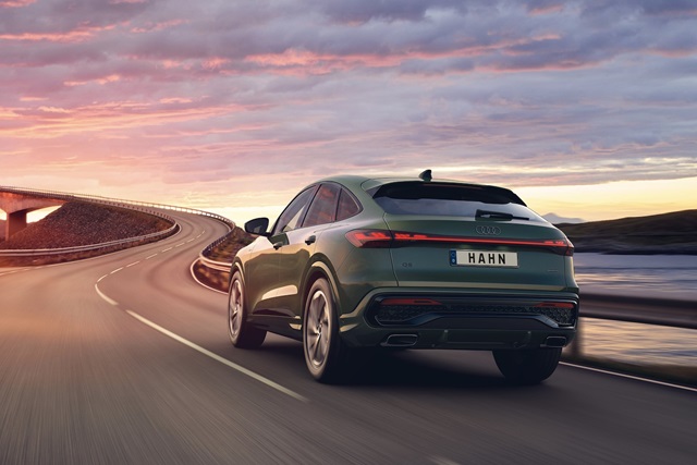 Ein grüner Audi Q5 Sportback in Heckansicht und in der Fahrt fotografiert. Im Hintergrund erkennt man eine Brücke.