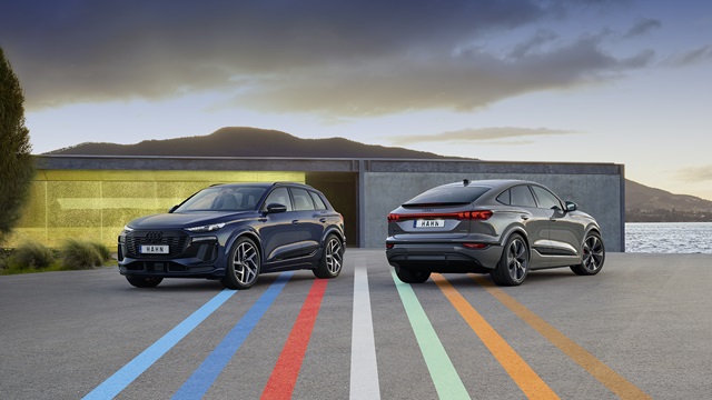 Zwei Audi Q6 e-tron SUV und Sportback nebeneinander auf einer Straße mit farbigen Streifen im Vordergrund