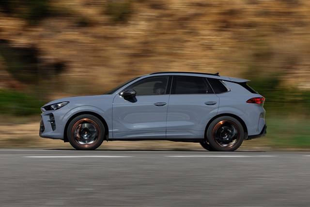 Seitliche Ansicht eines grauen CUPRA Terramar SUV mit schwarzen und kupferfarbenen Felgen auf einer Straße vor unscharfem Hintergrund aus Felsen und Vegetation