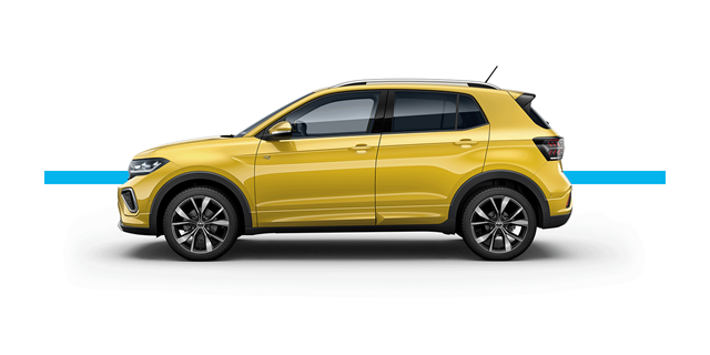 Modellfreisteller des Volkswagen T-Cross in Seitenansicht
