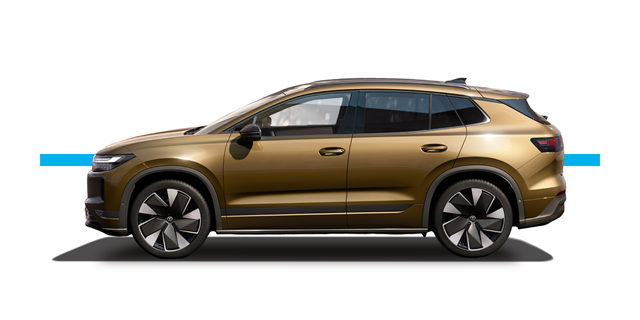 Bronzefarbener VW ID. Tiguan in der Seitenansicht vor weißem Hintergrund.